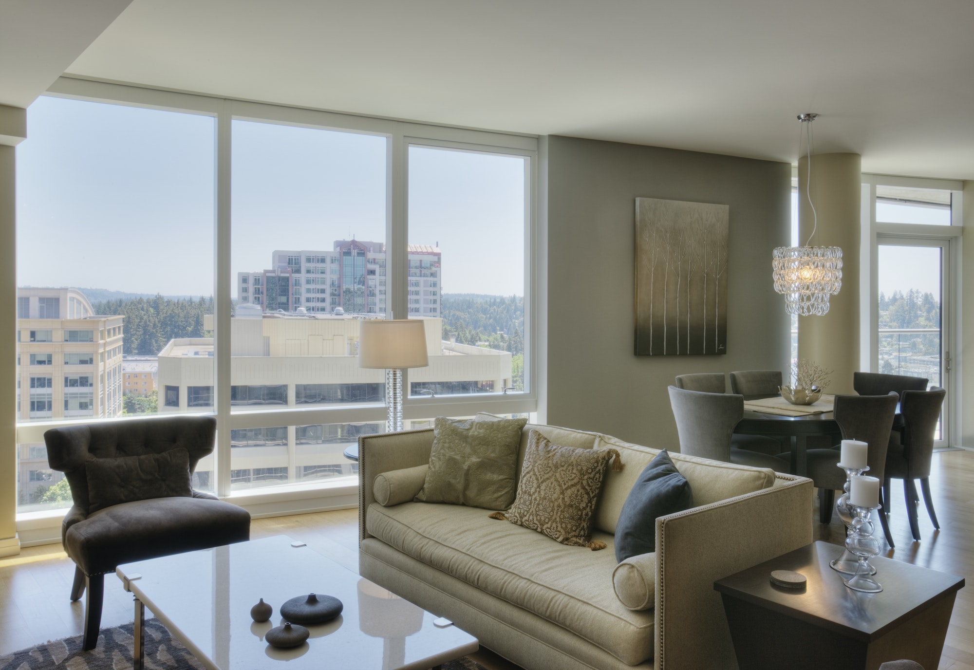 Living room and dining room in luxury highrise apartment
